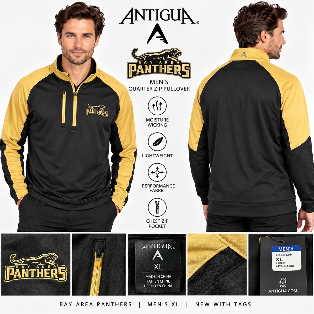 Antigua Bay Area Panthers Men's XL 1/4 Zip Pullover Black Gold Football Jacket